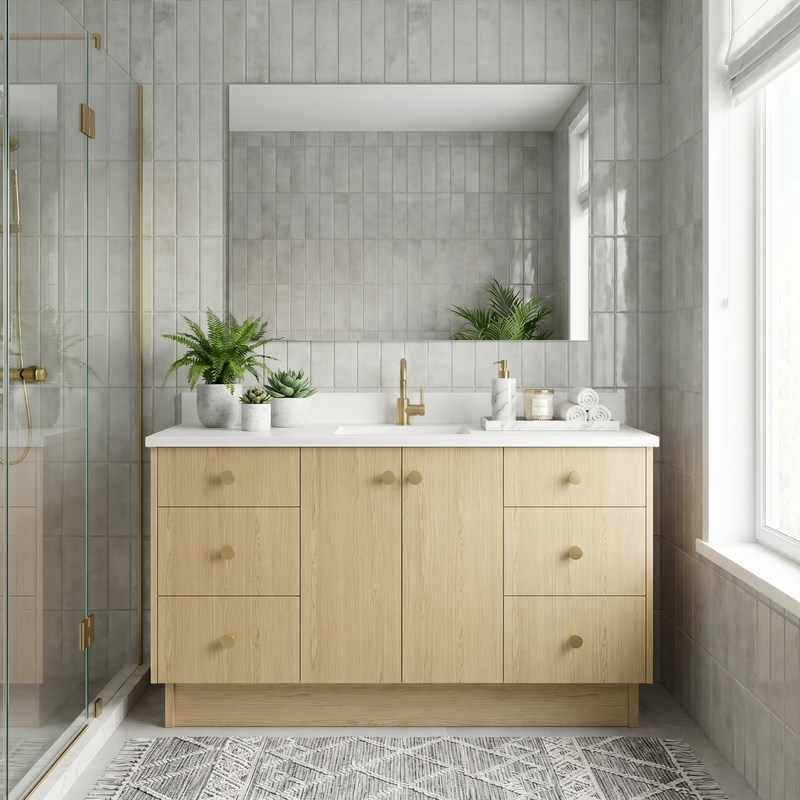 60" Ivory Oak European Vanity with Quartz Top – Single Sink