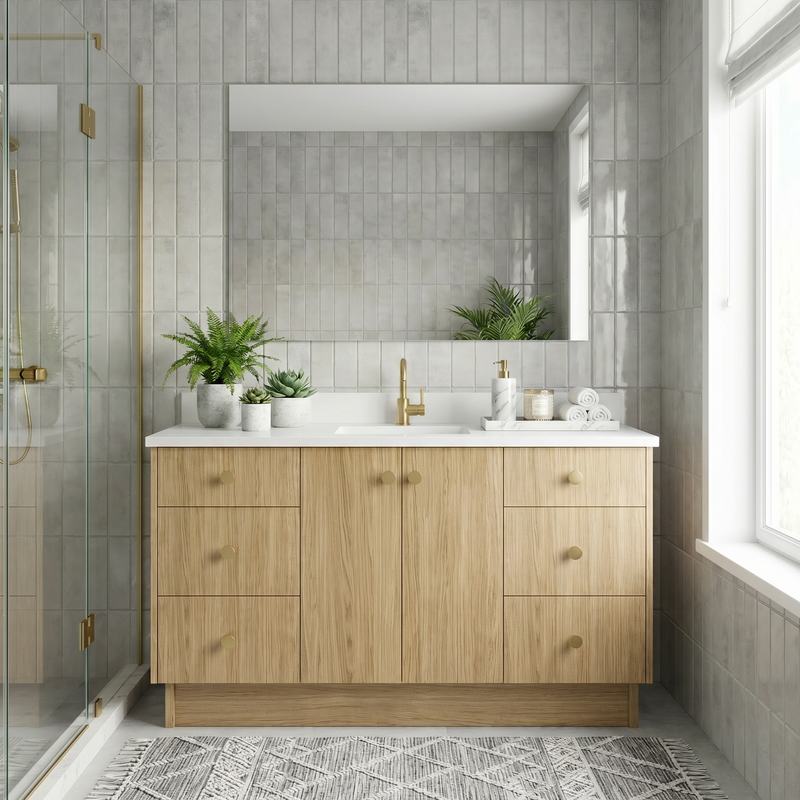 60" Natural Oak European Vanity with Quartz Top – Single Sink