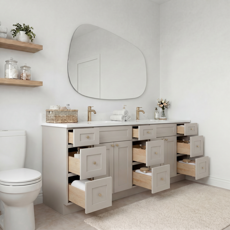 84" Taupe Shaker Bathroom Vanity with Quartz Top – 9 Drawers
