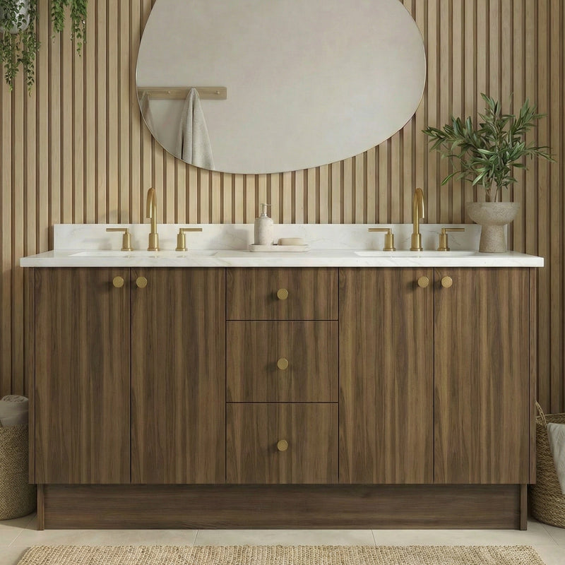 72" Smoked Walnut European Vanity with Quartz Top – Double Sink