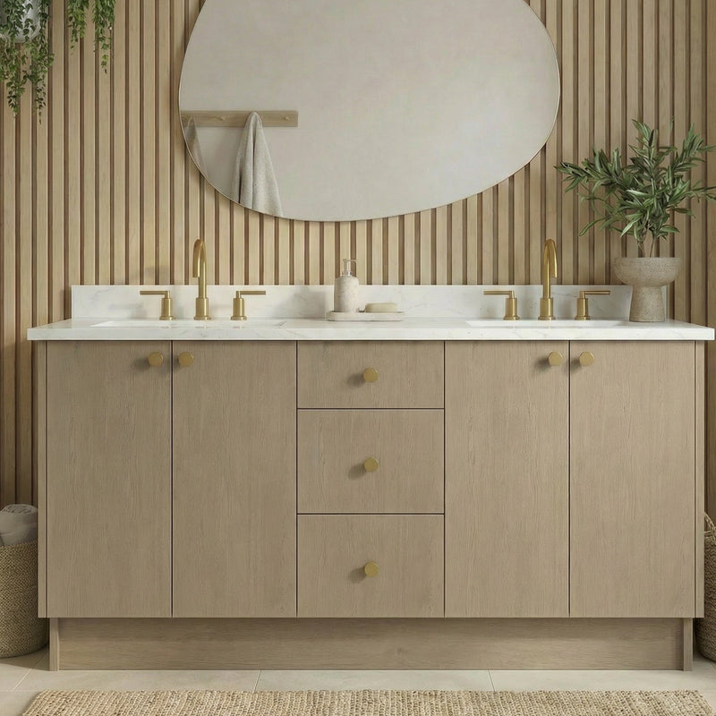 72" Manhattan Oak European Vanity with Quartz Top – Double Sink