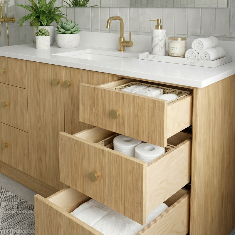 60" Natural Oak European Vanity with Quartz Top – Single Sink