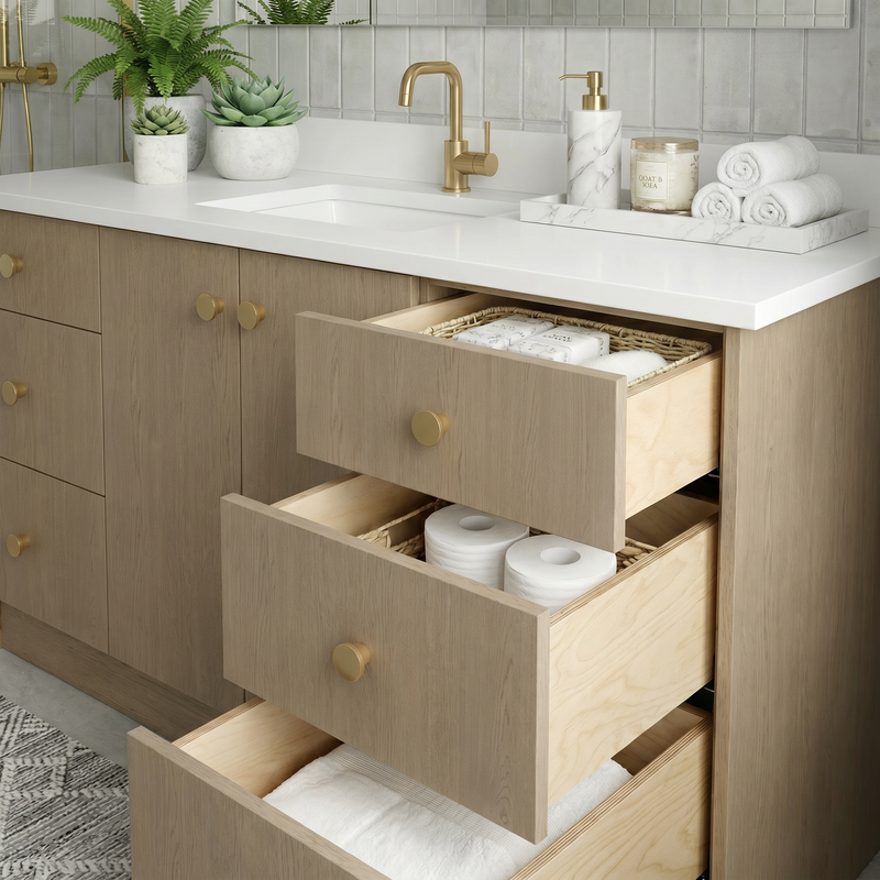 60" Manhattan Oak European Vanity with Quartz Top – Single Sink