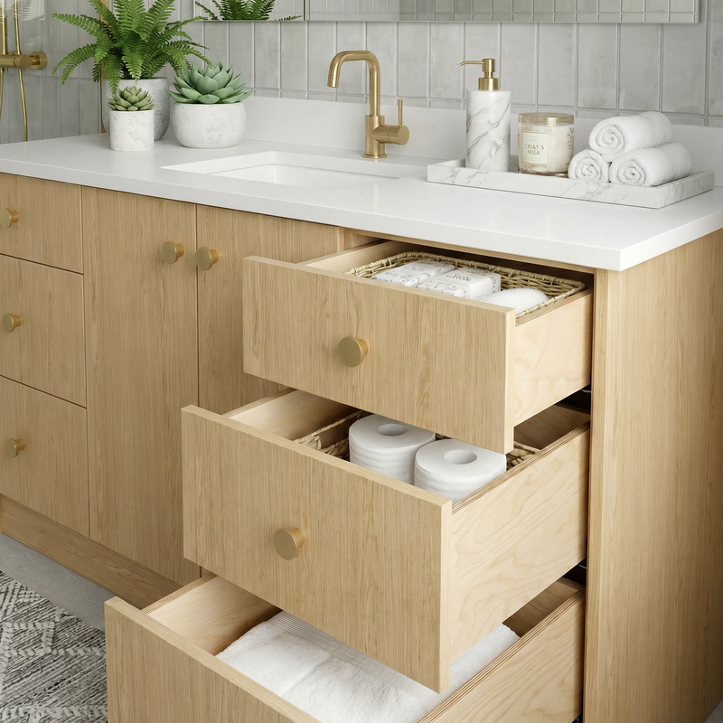 60" Ivory Oak European Vanity with Quartz Top – Single Sink