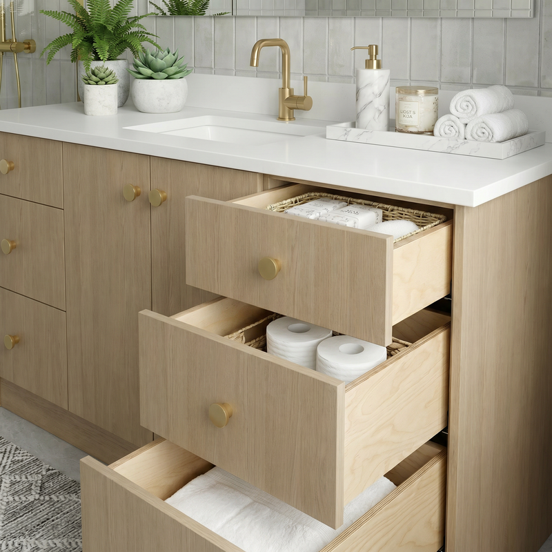 60" Desert Oak European Vanity with Quartz Top – Single Sink