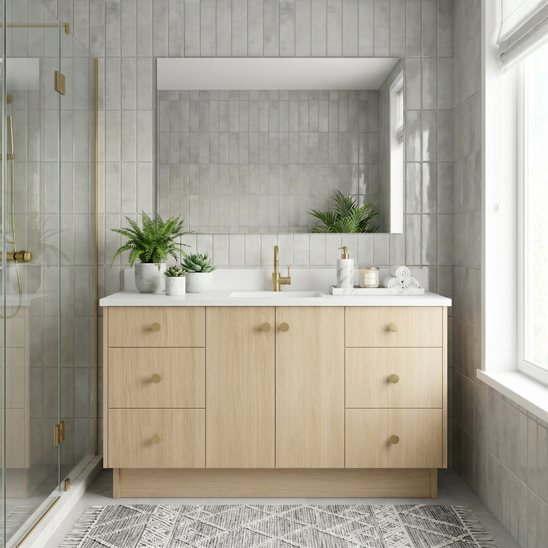 60" Milk Oak European Vanity with Quartz Top – Single Sink