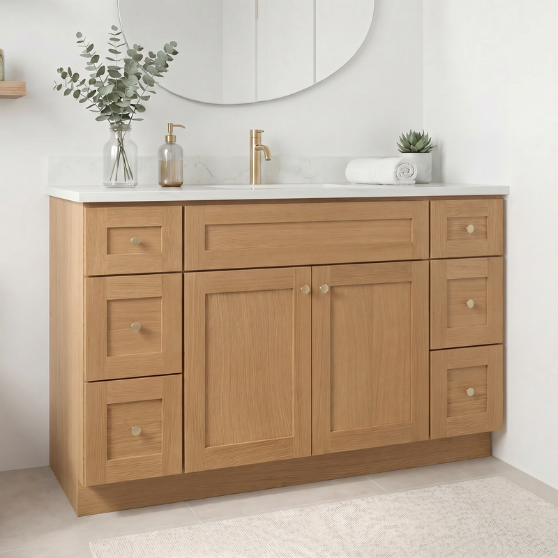 60" White Oak Shaker Bathroom Vanity with Quartz Top – Single Sink
