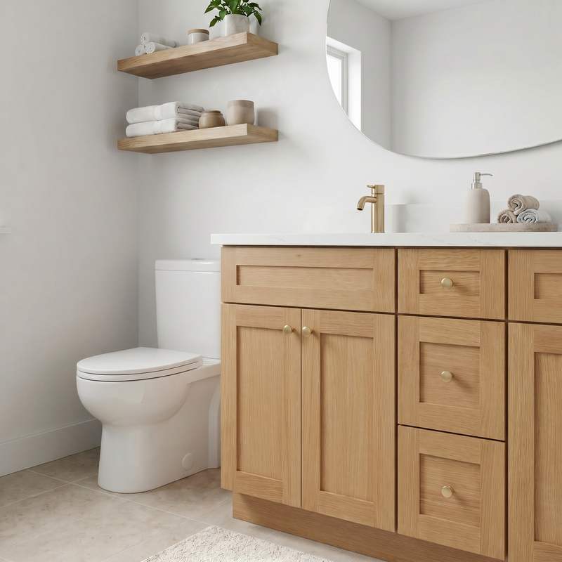 60" White Oak Shaker Bathroom Vanity with Quartz Top – Double Sink