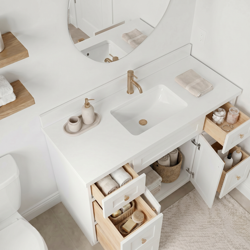48" White Shaker Bathroom Vanity with Quartz Top – Single Sink