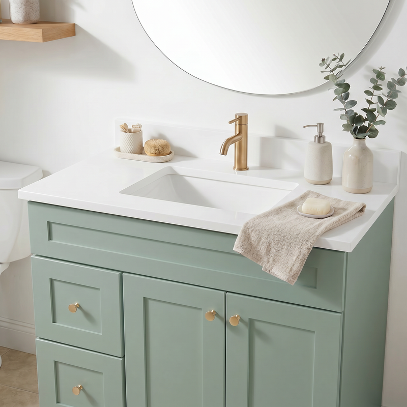36" Olive Green Shaker Bathroom Vanity with Quartz Top – Single Sink