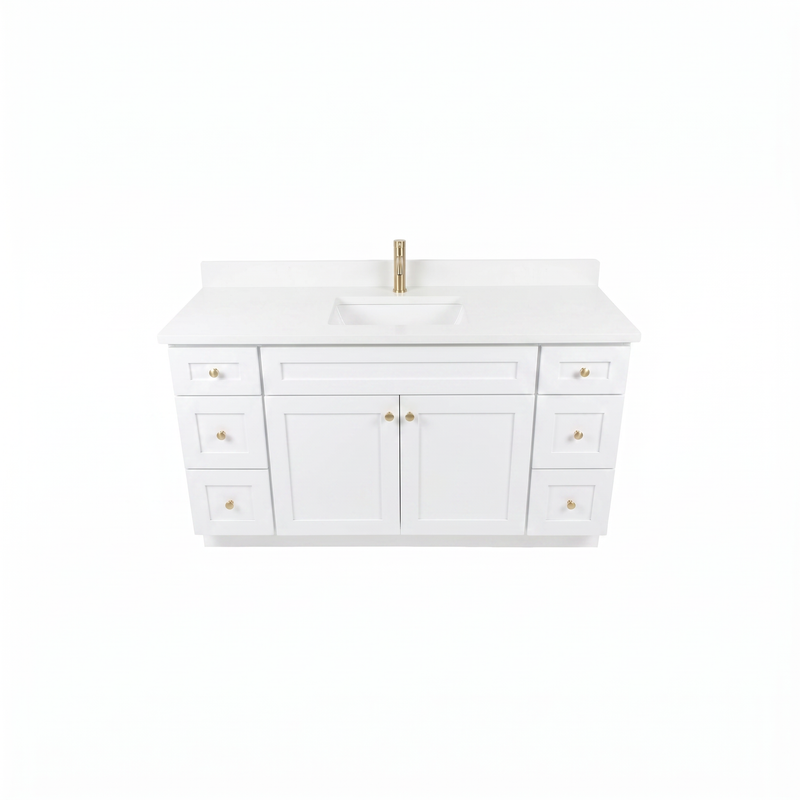 60" White Shaker Bathroom Vanity with Quartz Top – Single Sink