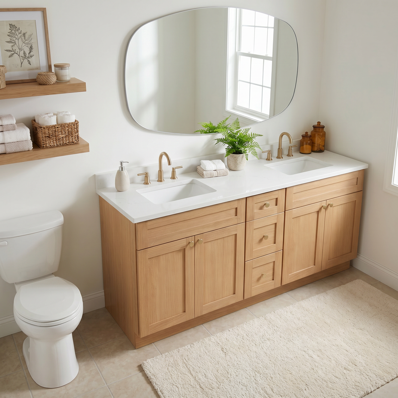 72" White Oak Shaker Bathroom Vanity with Quartz Top – Double Sink