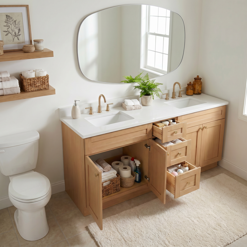 72" White Oak Shaker Bathroom Vanity with Quartz Top – Double Sink