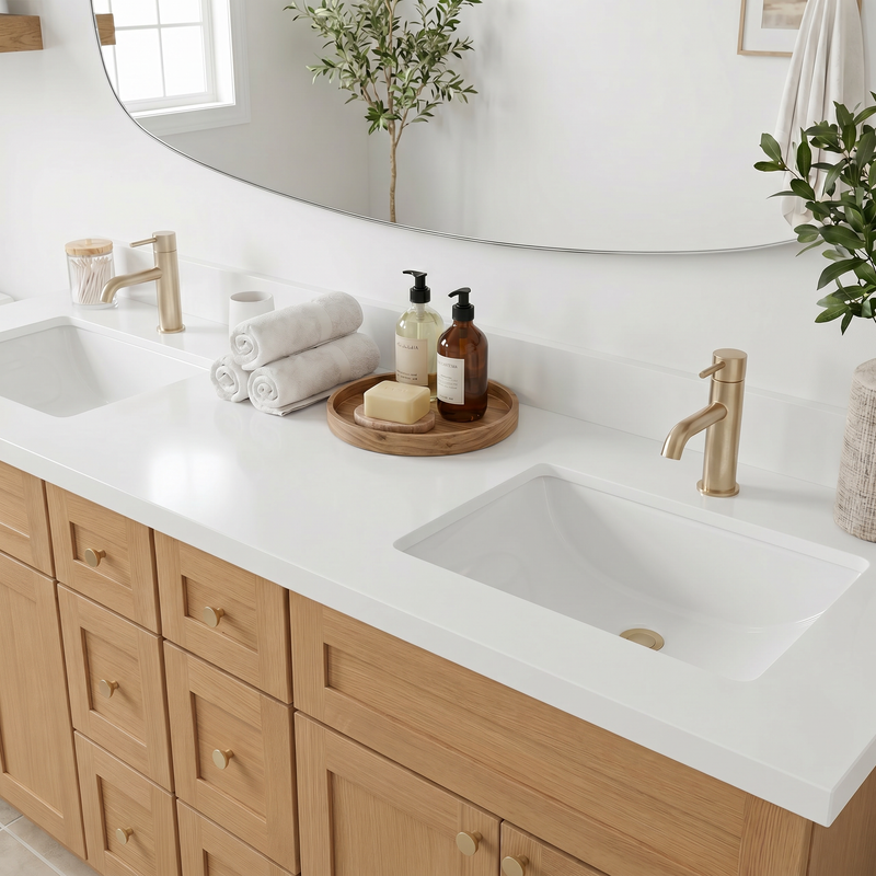 84" White Oak Shaker Bathroom Vanity with Quartz Top – Double Sink