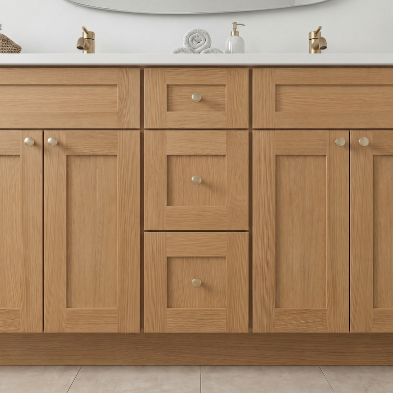 84" White Oak Shaker Bathroom Vanity with Quartz Top – Double Sink