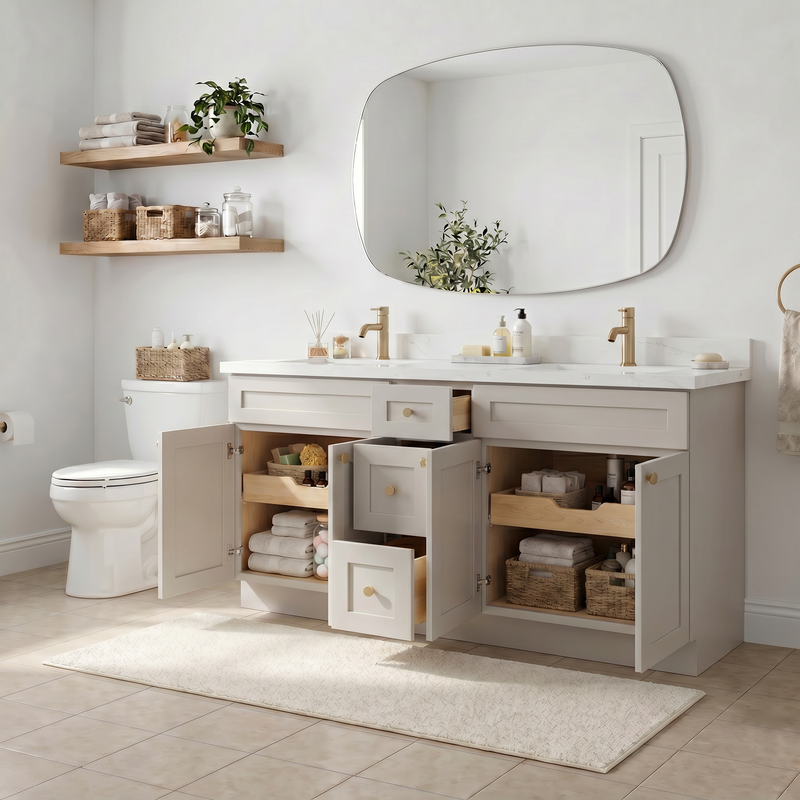 72" Taupe Shaker Bathroom Vanity with Quartz Top – Double Sink