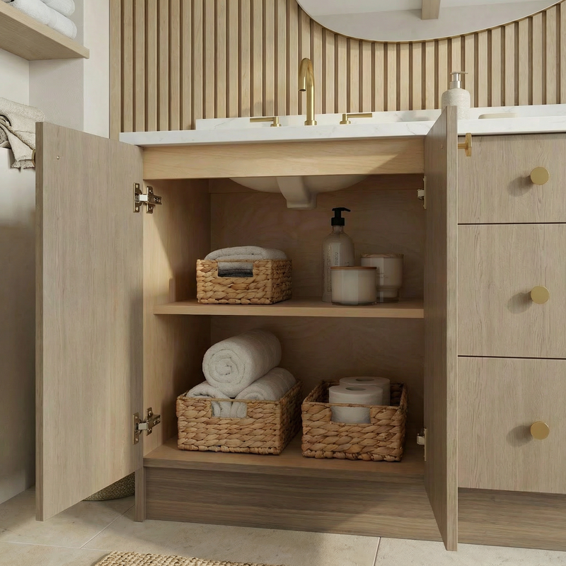 72" Manhattan Oak European Vanity with Quartz Top – Double Sink