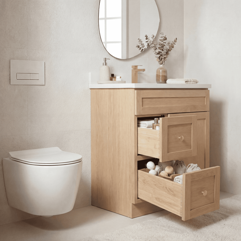 30" White Oak Shaker Bathroom Vanity with Quartz Top – Single Sink
