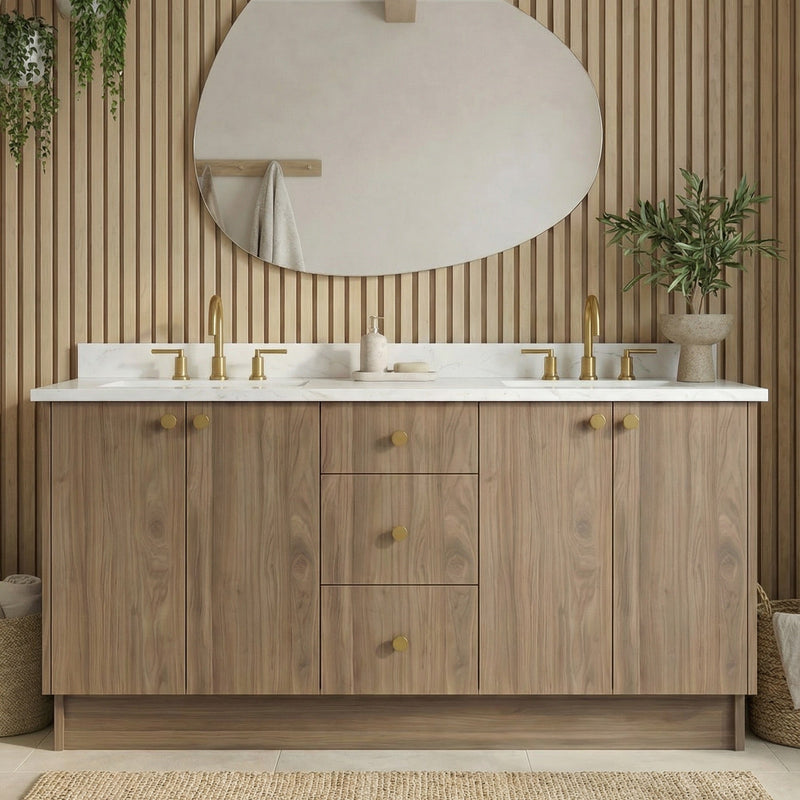 72" Frozen Walnut European Vanity with Quartz Top – Double Sink