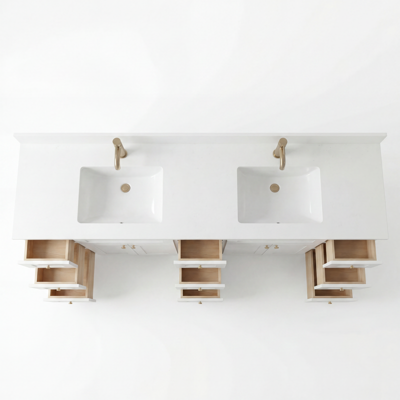 84" White Shaker Bathroom Vanity with Quartz Top – Double Sink