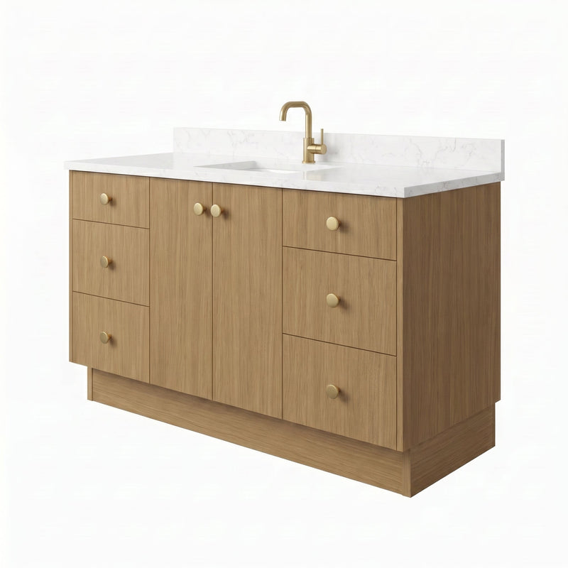 60" Sahara Oak European Vanity with Quartz Top – Single Sink