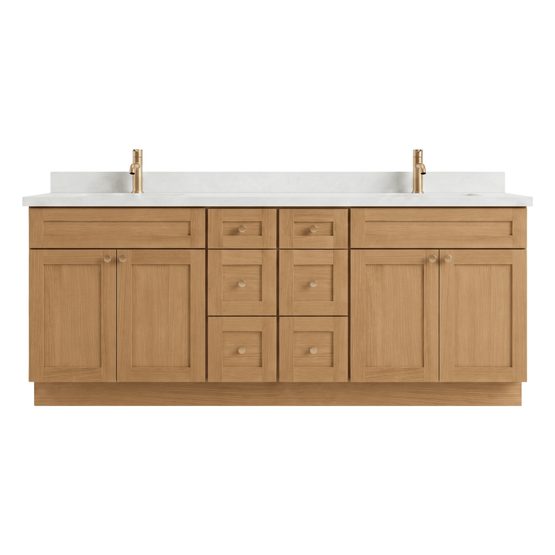 84" White Oak Shaker Bathroom Vanity with Quartz Top – Double Sink