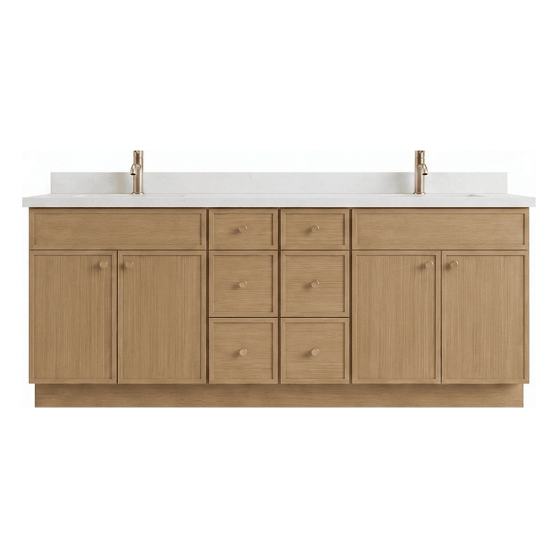 84" White Oak Slim Shaker Bathroom Vanity with Quartz Top – 6 Drawers