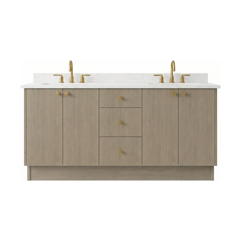 72" Manhattan Oak European Vanity with Quartz Top – Double Sink