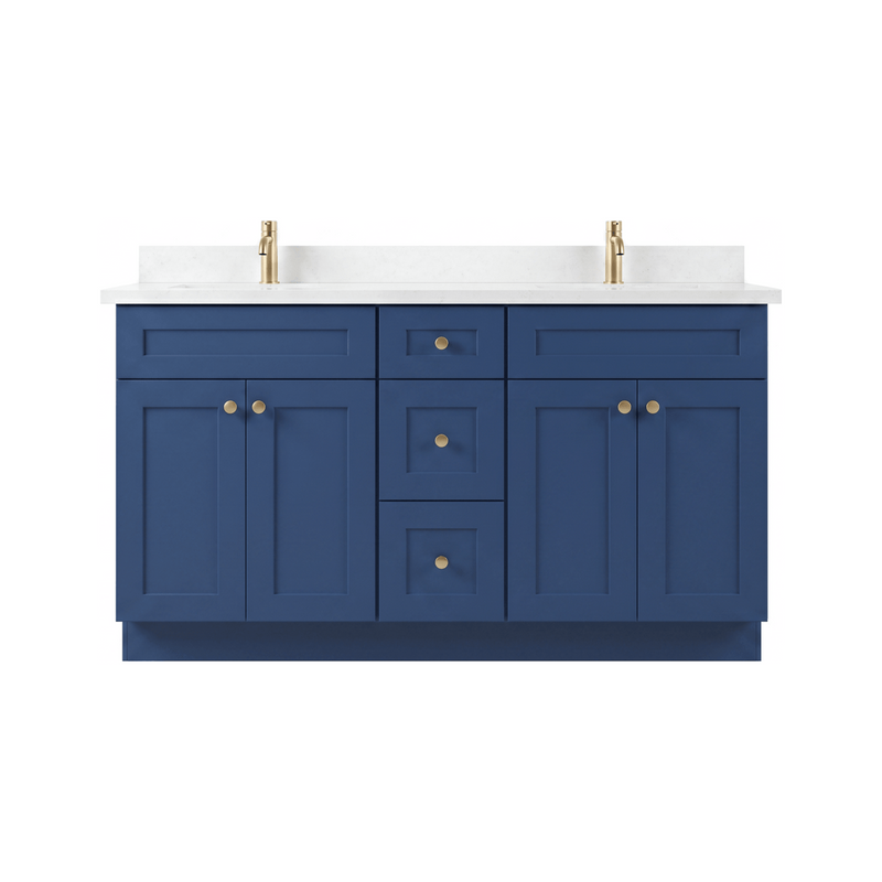 60" Navy Blue Shaker Bathroom Vanity with Quartz Top – Double Sink