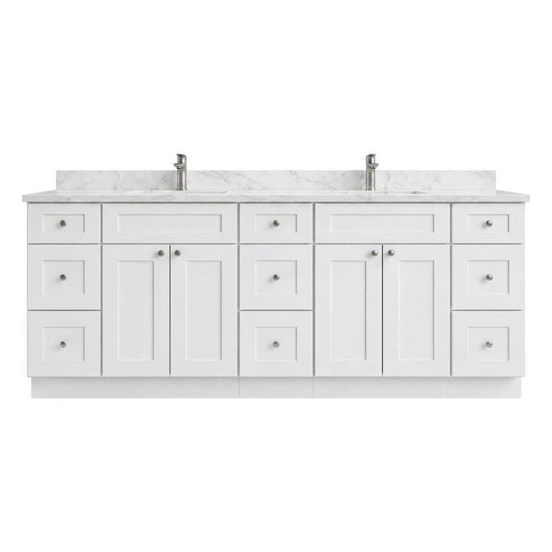 84" White Shaker Bathroom Vanity with Quartz Top – Double Sink