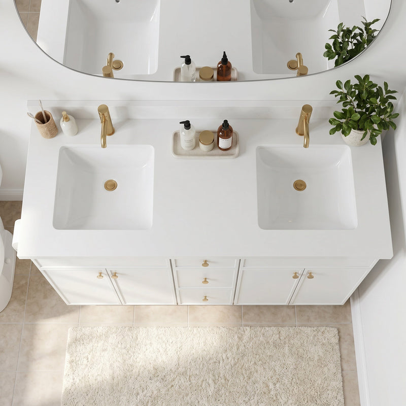 60" White Slim Shaker Bathroom Vanity with Quartz Top – Double Sink