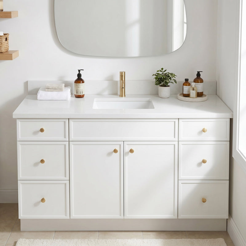 60" White Slim Shaker Bathroom Vanity with Quartz Top – Single Sink