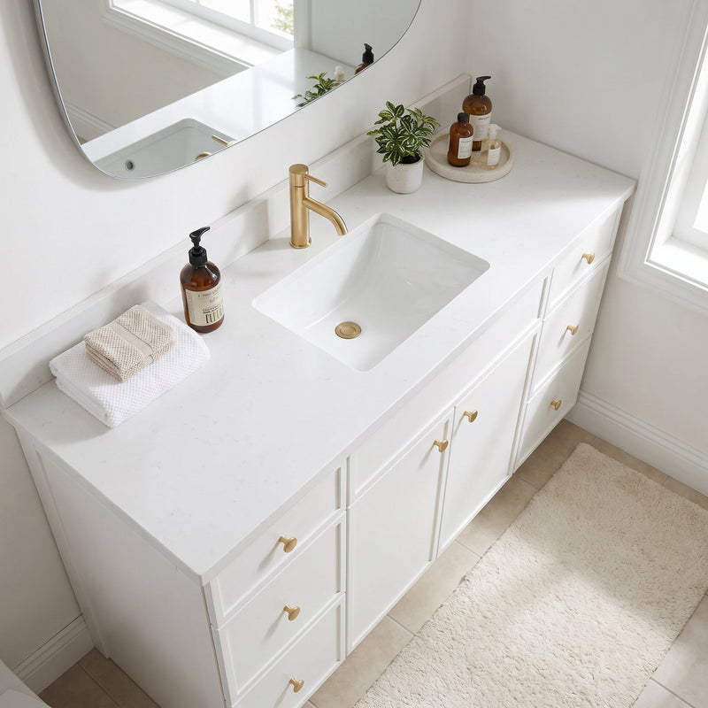 60" White Slim Shaker Bathroom Vanity with Quartz Top – Single Sink