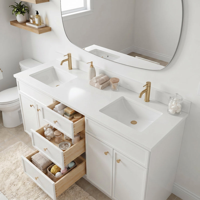 72" White Slim Shaker Bathroom Vanity with Quartz Top – Double Sink