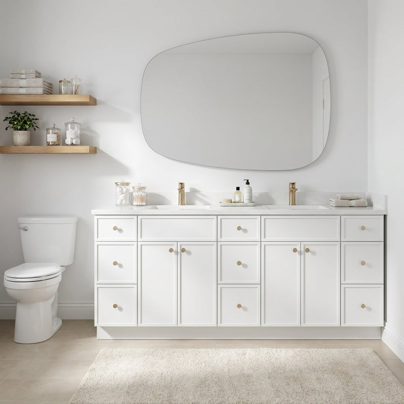 84" White Slim Shaker Bathroom Vanity with Quartz Top – 9 Drawers