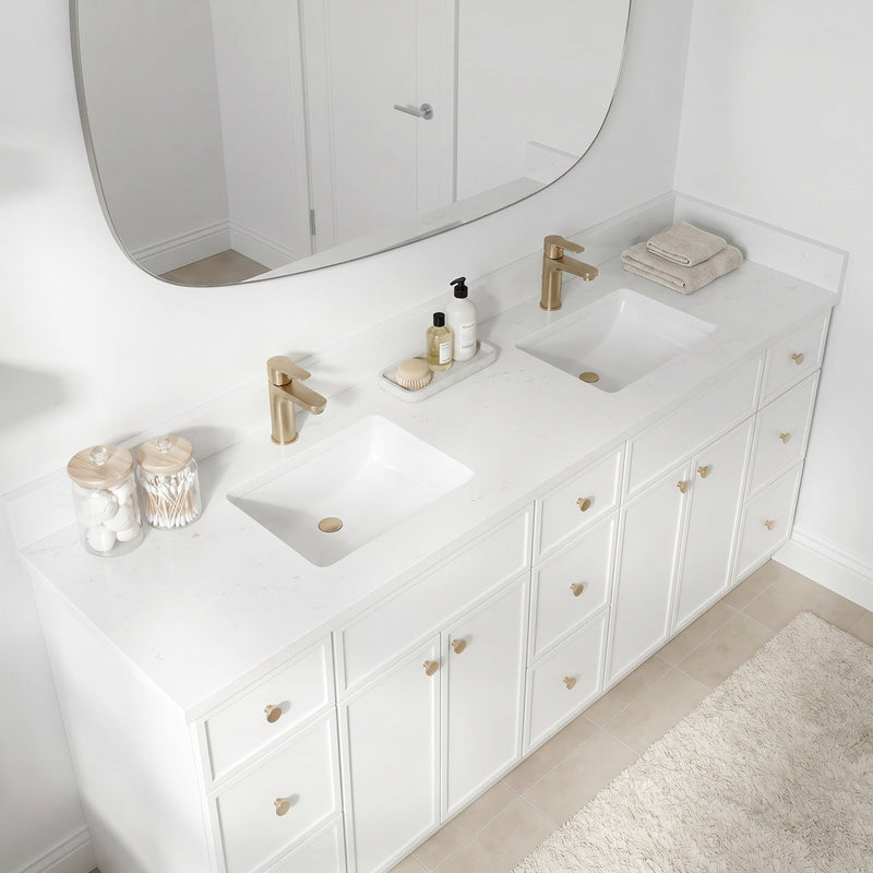84" White Slim Shaker Bathroom Vanity with Quartz Top – 9 Drawers