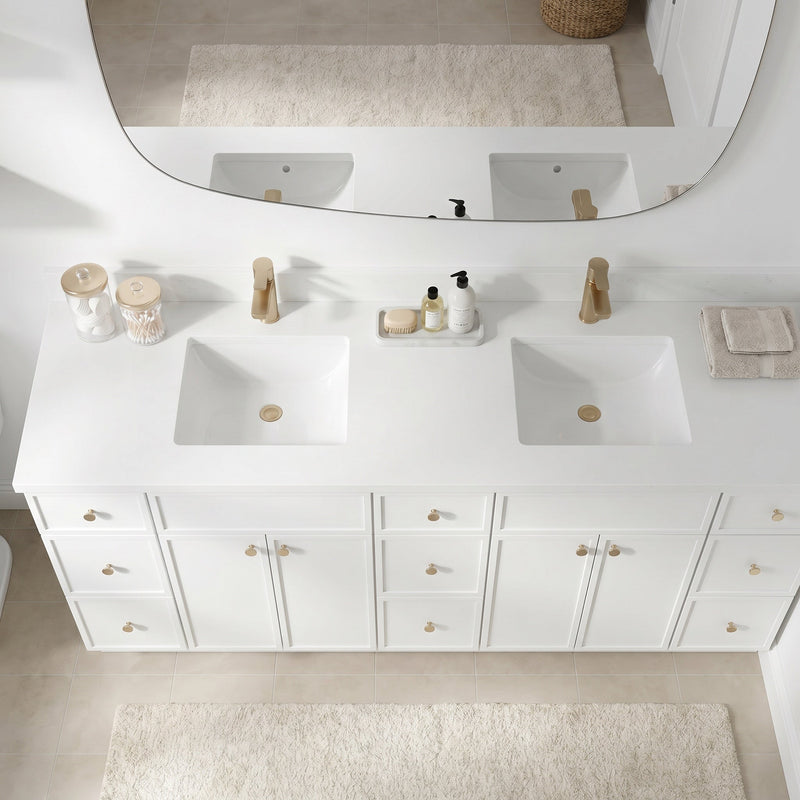 84" White Slim Shaker Bathroom Vanity with Quartz Top – 9 Drawers