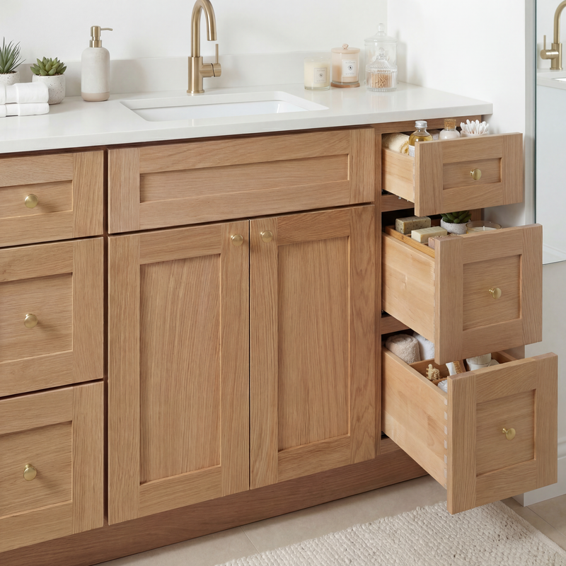 48" White Oak Shaker Bathroom Vanity with Quartz Top – Single Sink