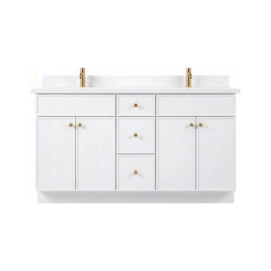 60" White Slim Shaker Bathroom Vanity with Quartz Top – Double Sink
