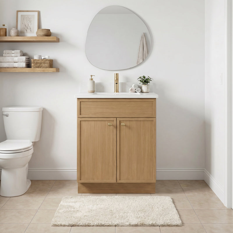 24" White Oak Slim Shaker Bathroom Vanity with Quartz Top