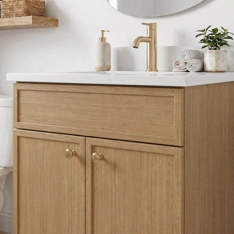 24" White Oak Slim Shaker Bathroom Vanity with Quartz Top
