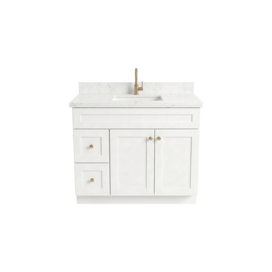42" White Shaker Bathroom Vanity with Quartz Top – Single Sink