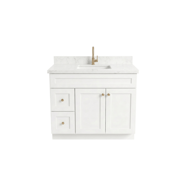 42" White Shaker Bathroom Vanity with Quartz Top – Single Sink