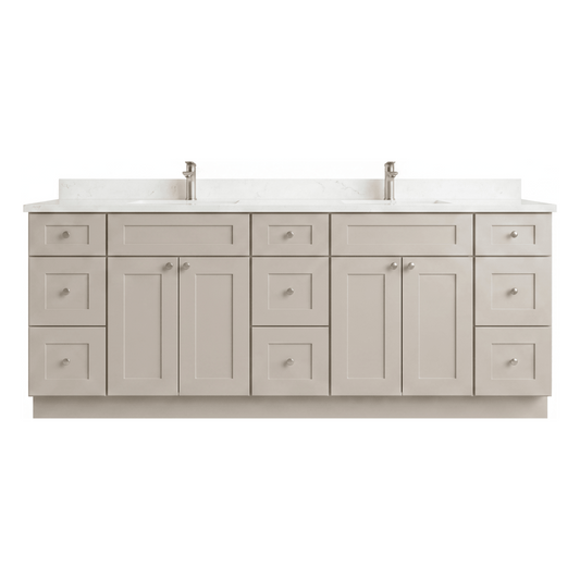 84" Taupe Shaker Bathroom Vanity with Quartz Top – 9 Drawers