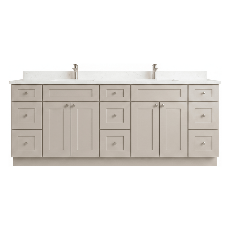84" Taupe Shaker Bathroom Vanity with Quartz Top – 9 Drawers