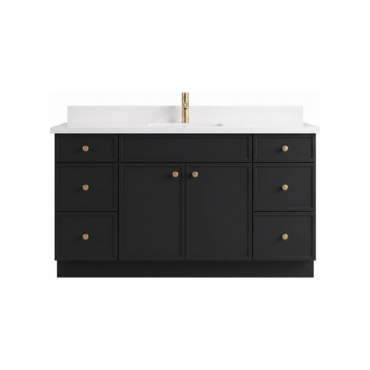 60 inch black slim shaker bathroom vanity with white quartz top, front view on white background