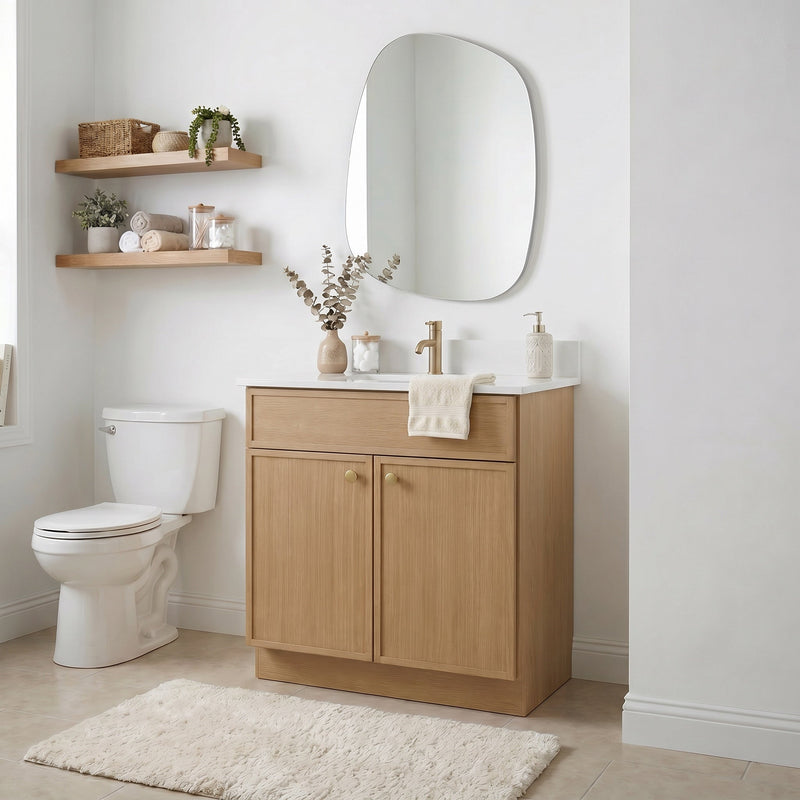30" White Oak Slim Shaker Bathroom Vanity with Quartz Top