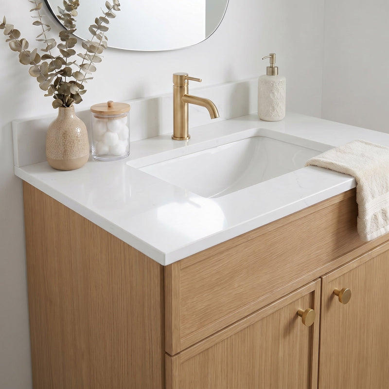 30" White Oak Slim Shaker Bathroom Vanity with Quartz Top