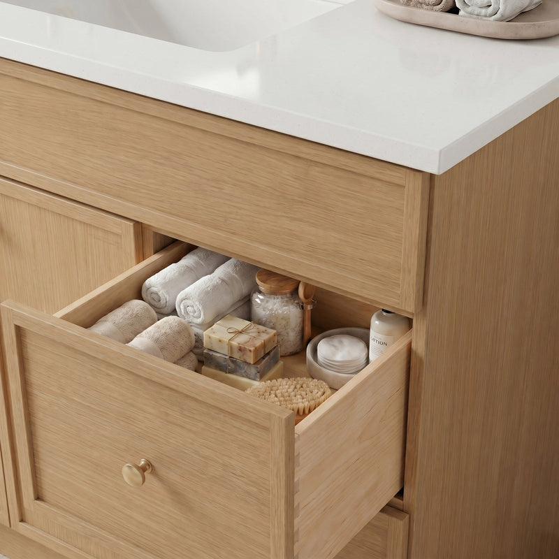 36" White Oak Slim Shaker Bathroom Vanity with Quartz Top