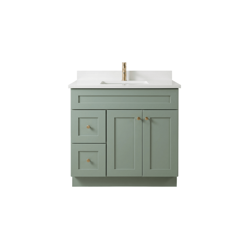 36" Olive Green Shaker Bathroom Vanity with Quartz Top – Single Sink
